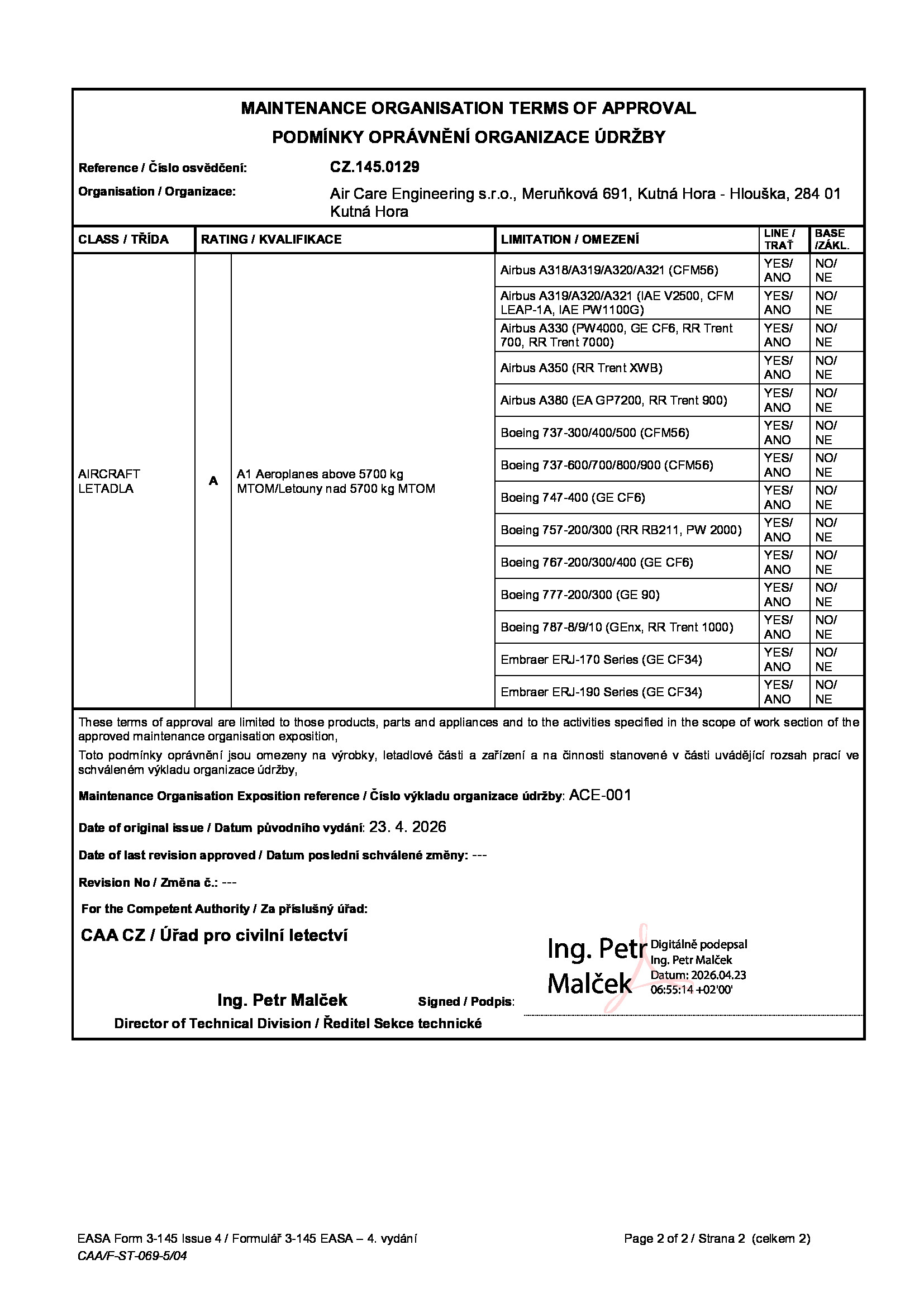 EASA Part-145 Certificate CZ.145.0129 — page 2